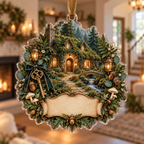 One christmas ornament with a welcoming moss-roof cottage, glowing arched doorway, garden path, stream, antique brass house key, eucalyptus and fern wreath, acorns, cream mushrooms, amber lanterns, ribbon and a blank parchment plaque.