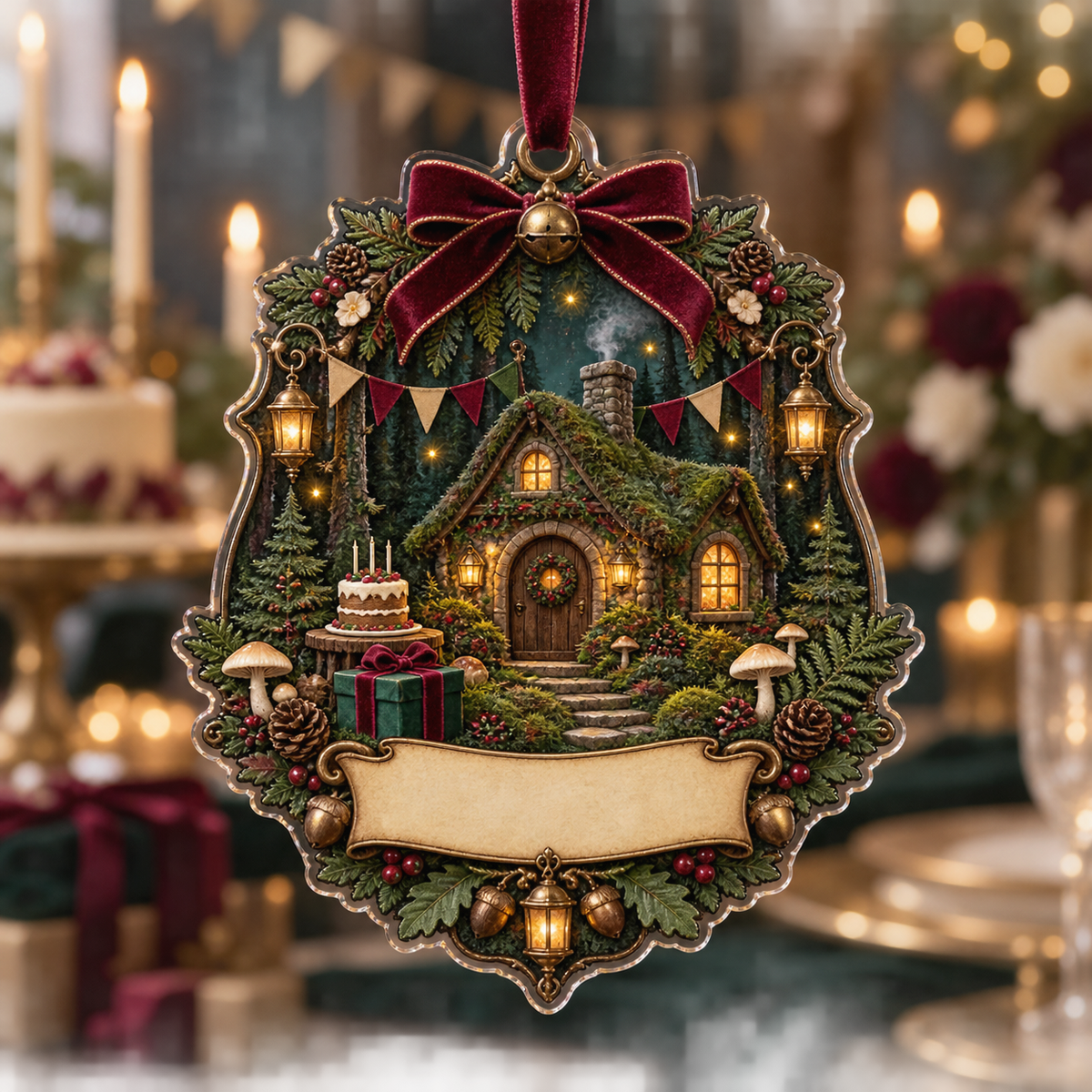 One christmas ornament with a jewel-like moss-roof cottage, glowing arched windows, woodland cake without writing, wrapped gifts, velvet ribbons, brass bells, ferns, acorns, cream mushrooms, amber fireflies, plain pennants and a blank parchment plaque.