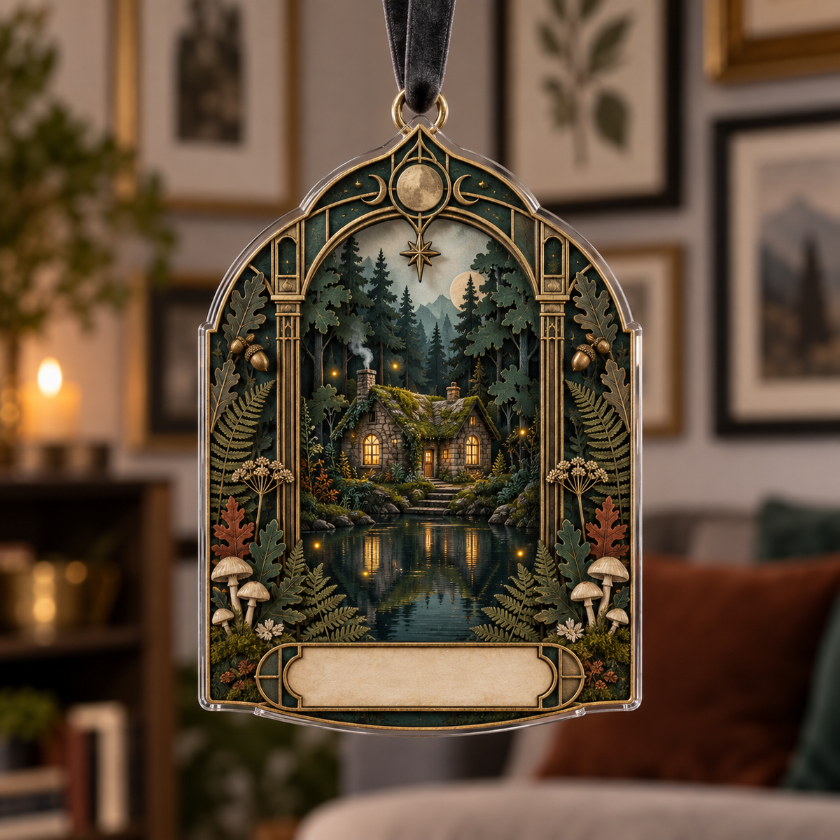 One christmas ornament with a moss-roof cottage reflected in a dark teal pond, geometric brass arch, layered paper-cut forest, antique botanical specimens, ferns, acorns, cream mushrooms, amber fireflies and a blank parchment plaque.