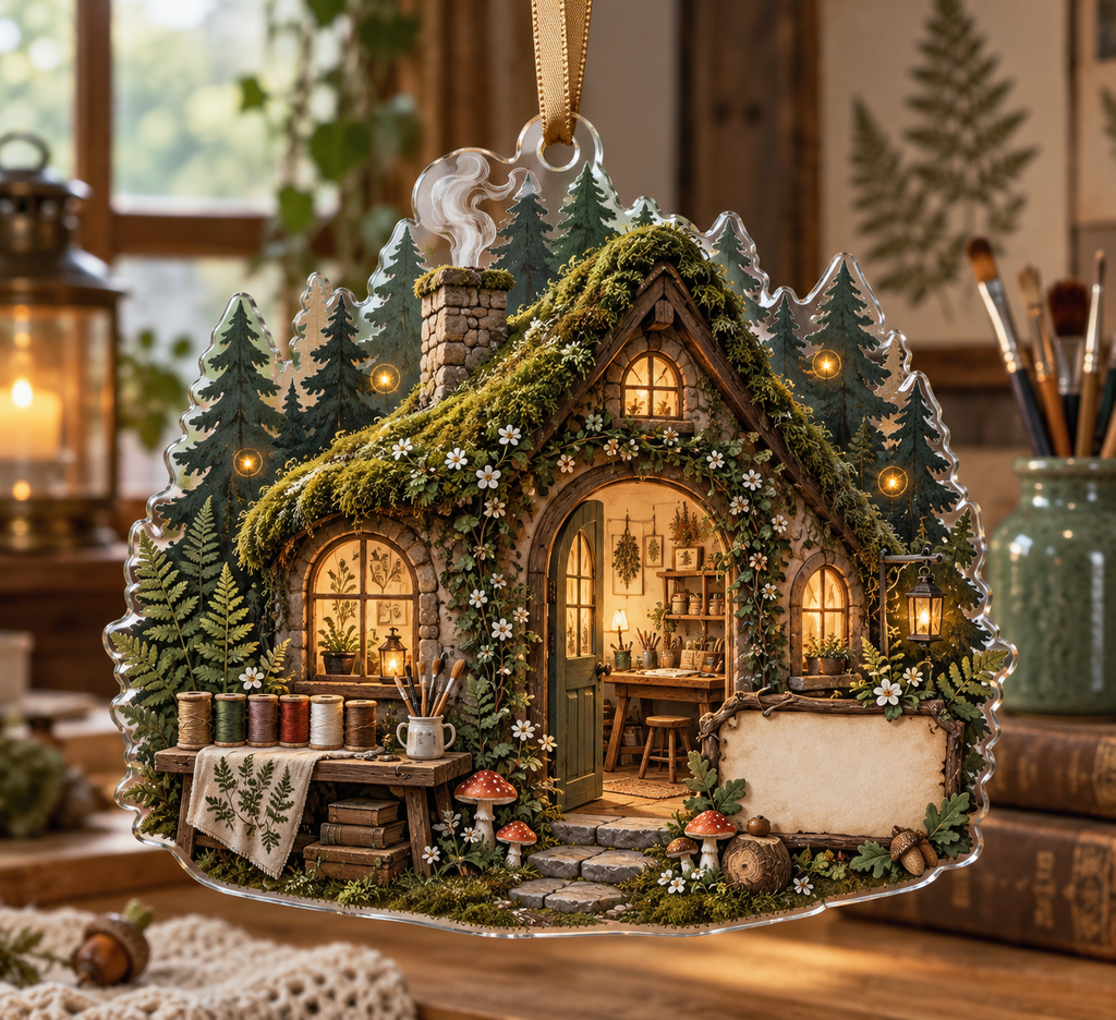 One christmas ornament with a glowing moss-roof cottage atelier, layered forest, embroidery hoops, thread spools, brass scissors, paintbrushes, ferns, mushrooms, acorns, amber fireflies and a blank parchment plaque.