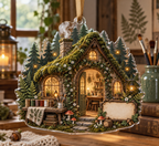 One christmas ornament with a glowing moss-roof cottage atelier, layered forest, embroidery hoops, thread spools, brass scissors, paintbrushes, ferns, mushrooms, acorns, amber fireflies and a blank parchment plaque.