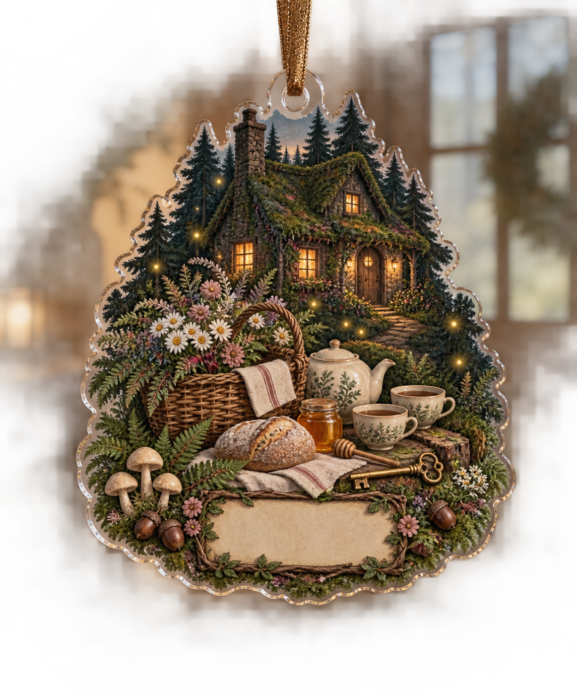 One christmas ornament with a glowing moss-roof cottage, layered forest, wildflower basket, teapot and two cups, artisan bread, honey jar without a label, folded linen, brass key, ferns, mushrooms, acorns, amber fireflies and a blank parchment plaque.