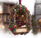 One christmas ornament with an arched reading alcove, plum velvet armchair, brass lamp, blank books, amber fireflies, blackberry, raspberry, blueberry and red-currant brambles, cream blossoms and a blank parchment plaque.
