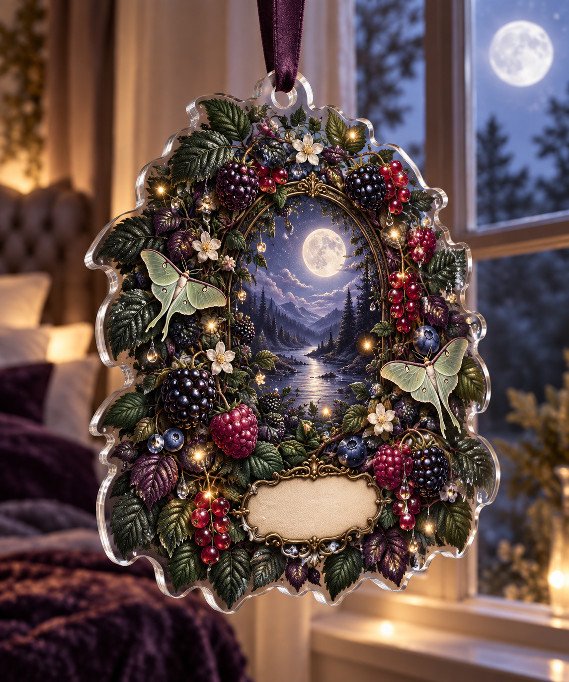 One christmas ornament with a luminous moonlit oval window framed by blackberry, raspberry, blueberry and red-currant brambles, deep leaves, cream blossoms, luna moths, faceted dew, amber fireflies and a blank parchment plaque.