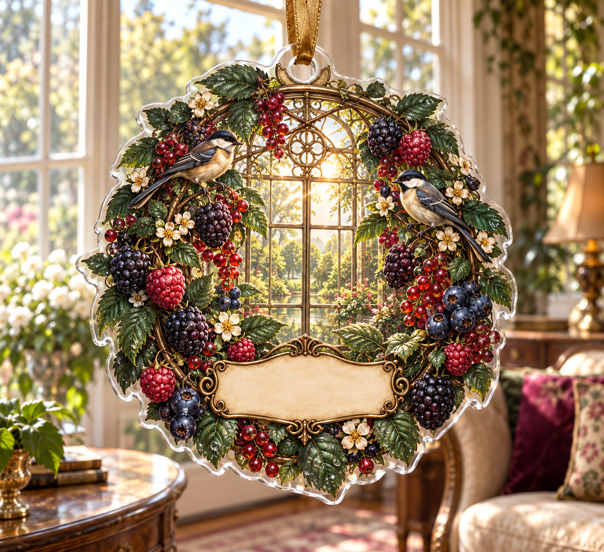 One christmas ornament with a grand circular antique-brass trellis medallion, sunlit conservatory window, blackberry, raspberry, blueberry and red-currant brambles, two songbirds, cream blossoms, faceted dew and a blank parchment plaque.