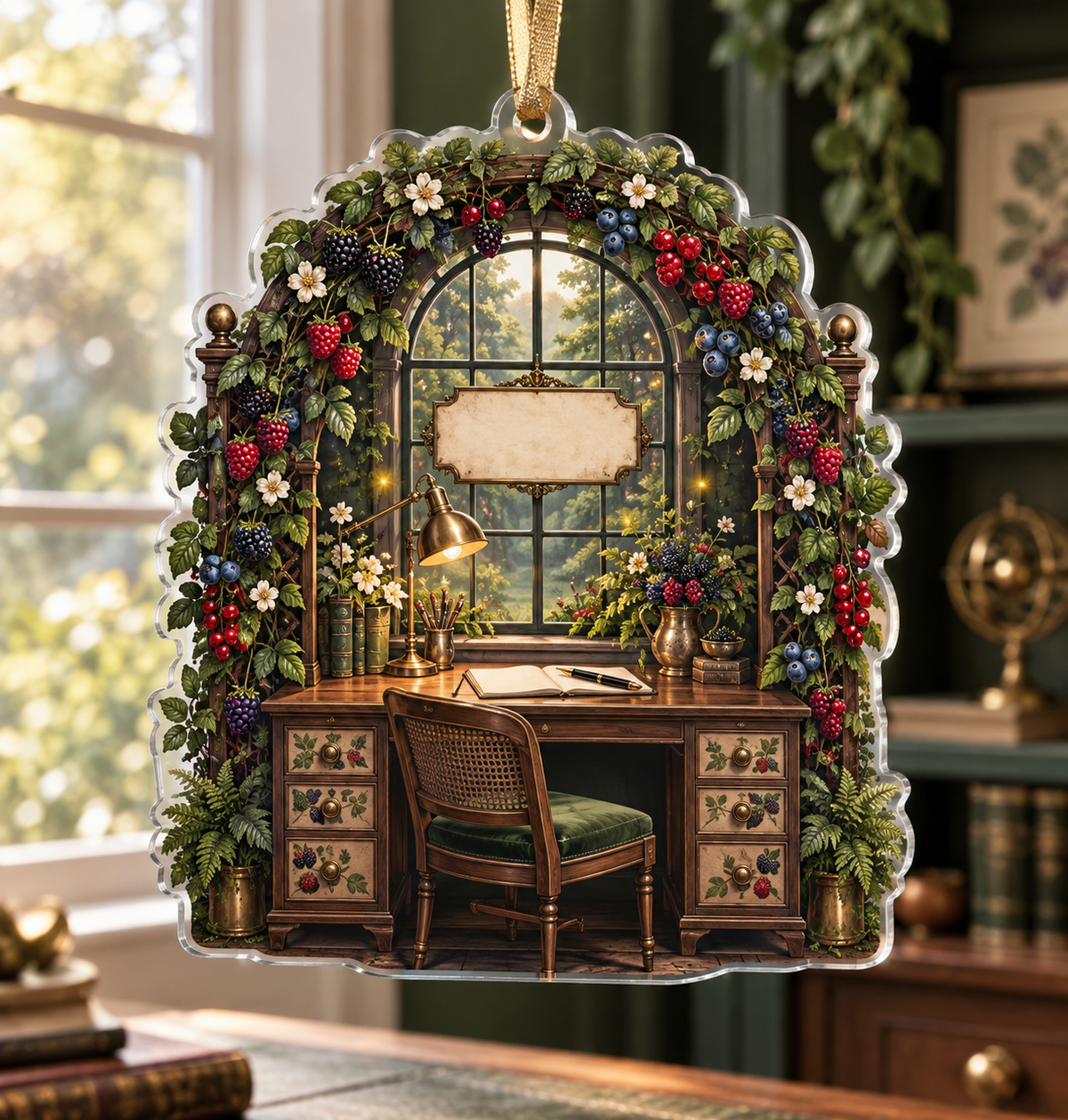 One christmas ornament with an elegant walnut garden studio desk beneath an arched window, symmetrical blackberry, raspberry, blueberry and currant trellises, brass lamp, blank notebook, fountain pen, unlabeled drawers, cream blossoms, amber fireflies and a blank parchment plaque.