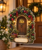 One christmas ornament with an arched cottage front door beneath blackberry, raspberry, blueberry and red-currant vines, jewel-like berries, deep leaves, cream blossoms, warm twin lanterns, antique brass key, berry basket, amber fireflies and a blank parchment plaque.