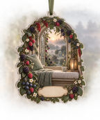 One christmas ornament with a serene arched window seat overlooking a misty berry garden, linen cushion, folded knit throw, ceramic tea cup, slender candle lantern, blackberry, raspberry, blueberry and red-currant brambles, jewel-like berries, sage leaves, cream blossoms, dew drops, amber fireflies and a blank parchment plaque.