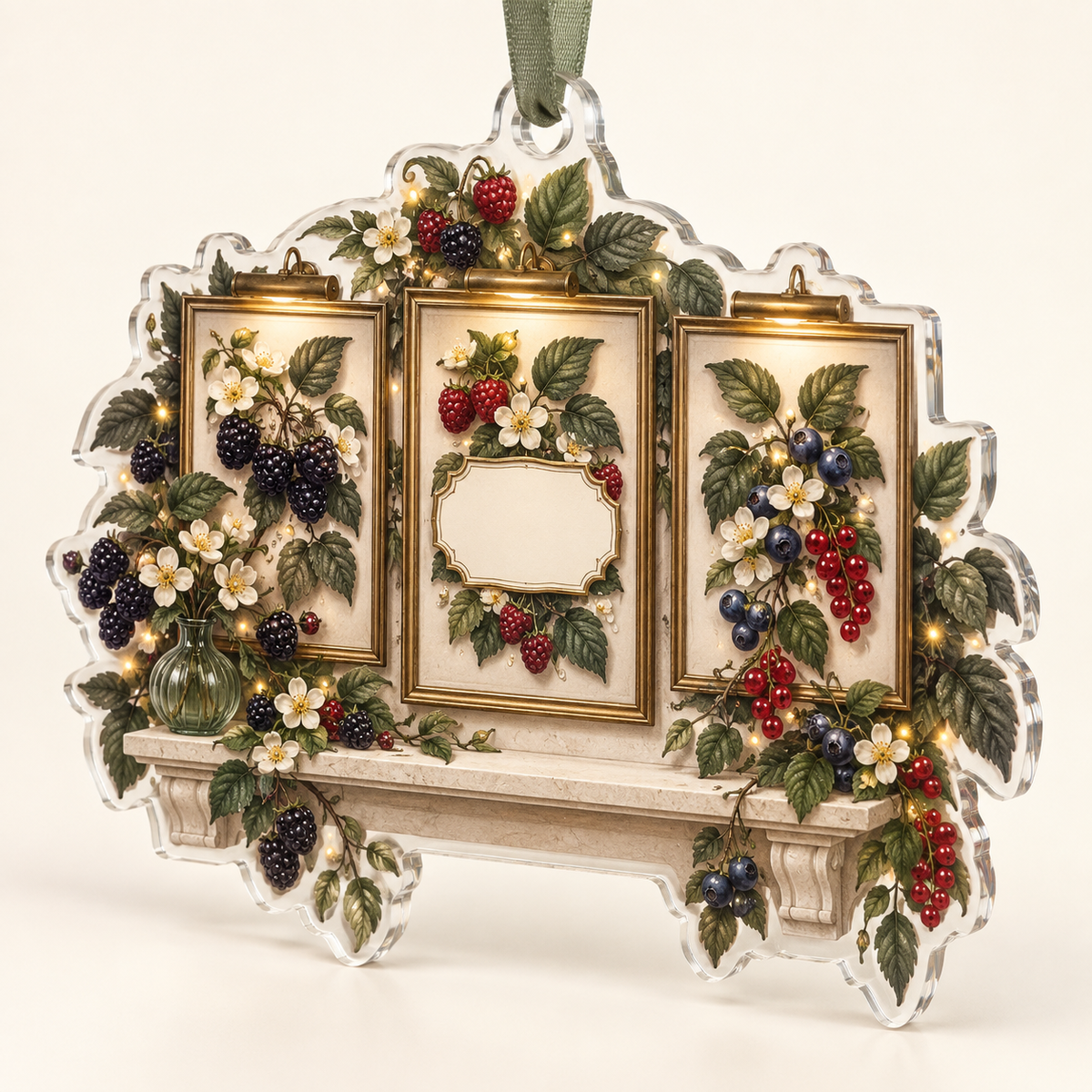 One christmas ornament with a coordinated trio of slim antique-brass botanical frames, flowing blackberry, raspberry, blueberry and red-currant brambles, jewel-like berries, sage leaves, cream blossoms, glass vase, warm picture lights, amber fireflies and a blank ivory plaque.
