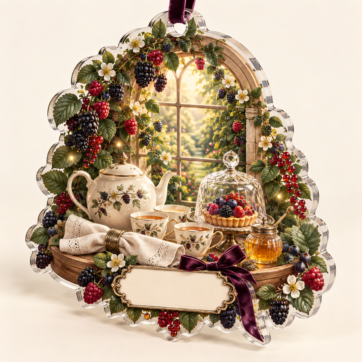 One christmas ornament with a softly glowing arched garden window, ivory teapot and two cups on a walnut tray, berry tart under a glass cloche, folded linen napkin, honey jar, blackberry, raspberry, blueberry and red-currant brambles, amber fireflies and a blank ivory plaque.