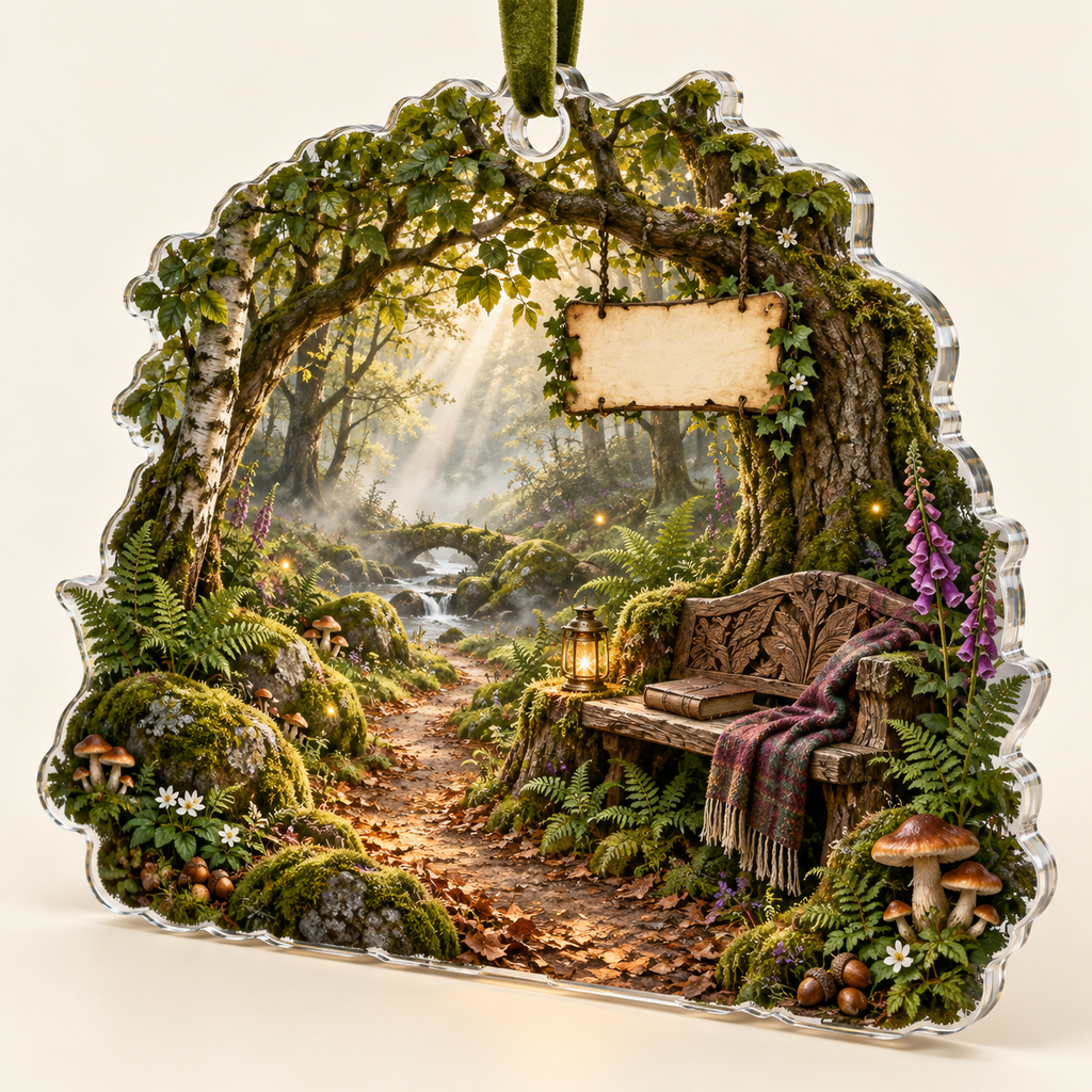 One christmas ornament with a mossy woodland trail beneath arched beech and birch trees, a carved reading bench, closed leather-bound book, folded wool throw, antique brass lantern, ferns, mushrooms, foxgloves, acorns, mist, golden sunbeams, amber fireflies and a blank parchment plaque.
