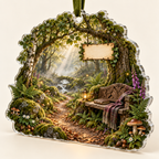 One christmas ornament with a mossy woodland trail beneath arched beech and birch trees, a carved reading bench, closed leather-bound book, folded wool throw, antique brass lantern, ferns, mushrooms, foxgloves, acorns, mist, golden sunbeams, amber fireflies and a blank parchment plaque.
