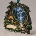 One christmas ornament with a moonlit woodland avenue framed by towering cedar trunks and intertwined branches, a winding path toward a silver waterfall and misty mountain ridge, ferns, moss, white flowers, foxgloves, dew, an antique brass lantern, crescent moon, fireflies and a blank parchment plaque.