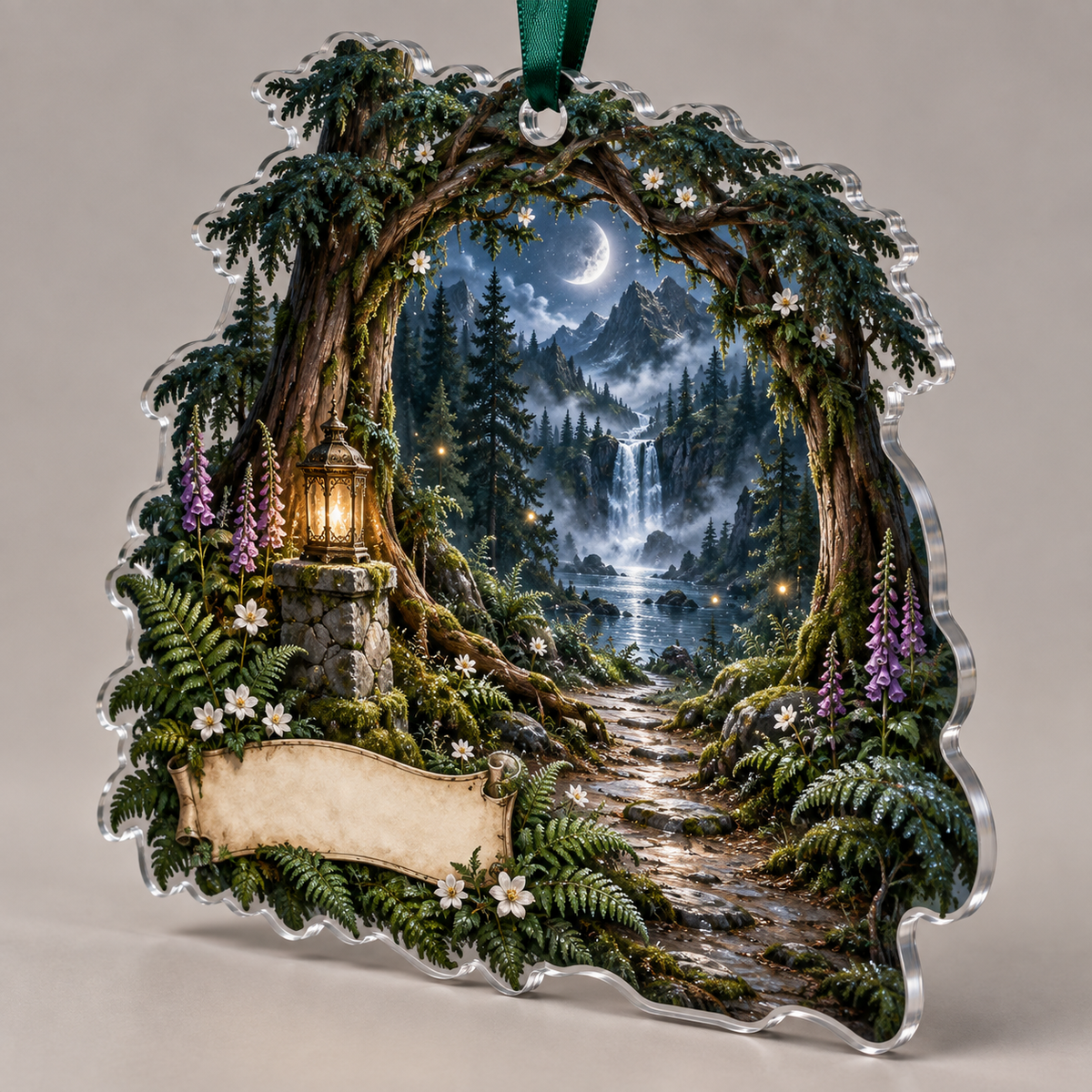 One christmas ornament with a moonlit woodland avenue framed by towering cedar trunks and intertwined branches, a winding path toward a silver waterfall and misty mountain ridge, ferns, moss, white flowers, foxgloves, dew, an antique brass lantern, crescent moon, fireflies and a blank parchment plaque.