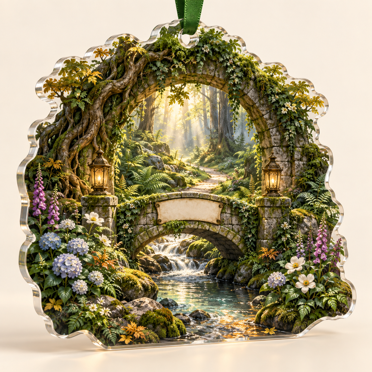 One christmas ornament with a monumental moss-covered stone arch entwined with roots, a sweeping path crossing an arched stone bridge over a clear woodland stream, a radiant fern glade, hydrangea, anemones, foxgloves, golden light, two antique brass lanterns and a blank parchment plaque.