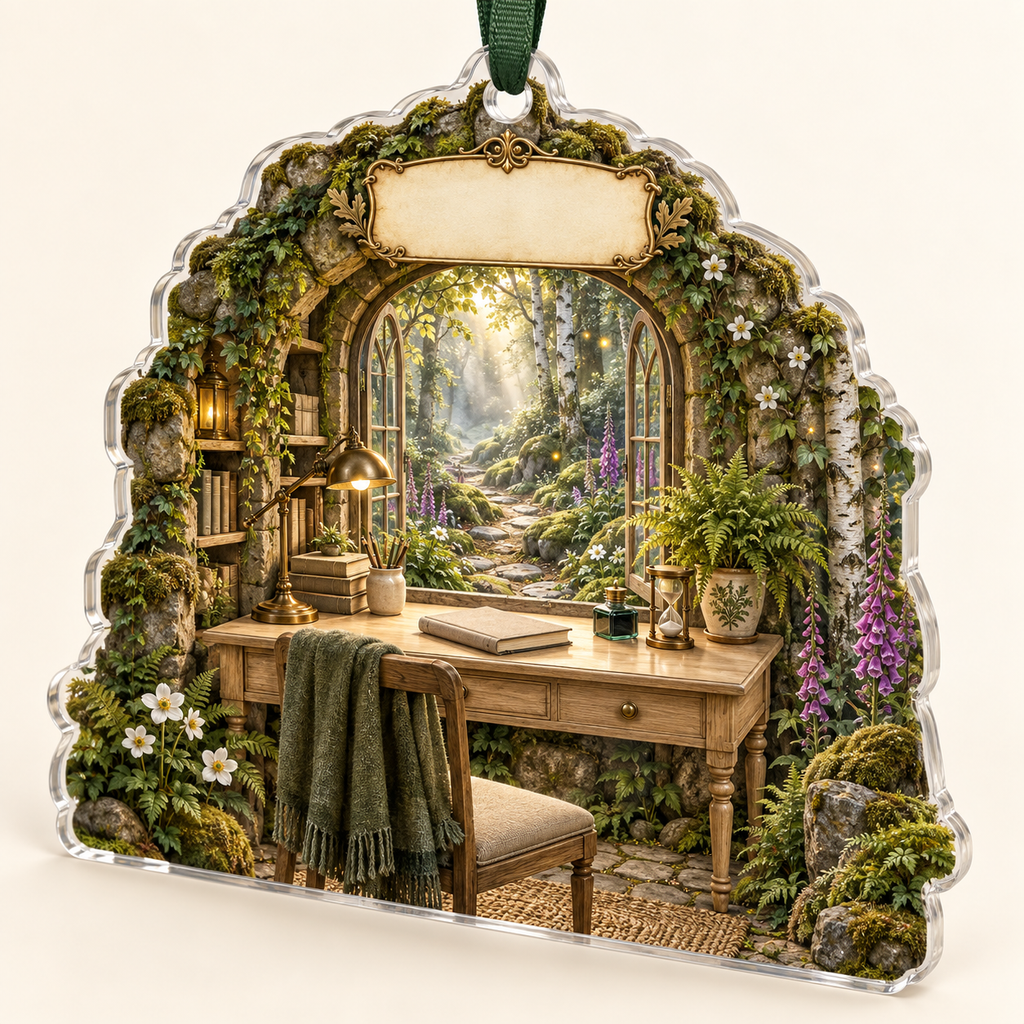 One christmas ornament with a woodland study pavilion inside a mossy stone arch, a pale-oak writing desk, antique brass lamp, fern, blank books, white anemones, purple foxgloves, golden sunbeams, soft mist, fireflies, a winding forest path and a blank parchment name plaque.