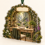 One christmas ornament with a woodland study pavilion inside a mossy stone arch, a pale-oak writing desk, antique brass lamp, fern, blank books, white anemones, purple foxgloves, golden sunbeams, soft mist, fireflies, a winding forest path and a blank parchment name plaque.