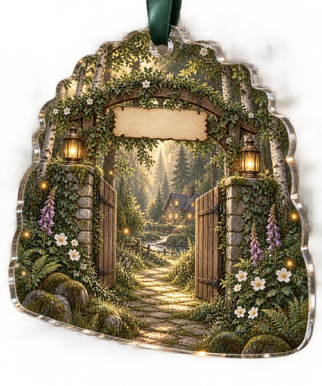 One christmas ornament with a welcoming woodland cottage gate formed by mossy stone pillars and a timber pergola, a winding sunlit forest path leading toward a warm distant home, ferns, birch trees, white anemones, violet foxgloves, amber fireflies, two brass lanterns and a blank parchment name plaque.