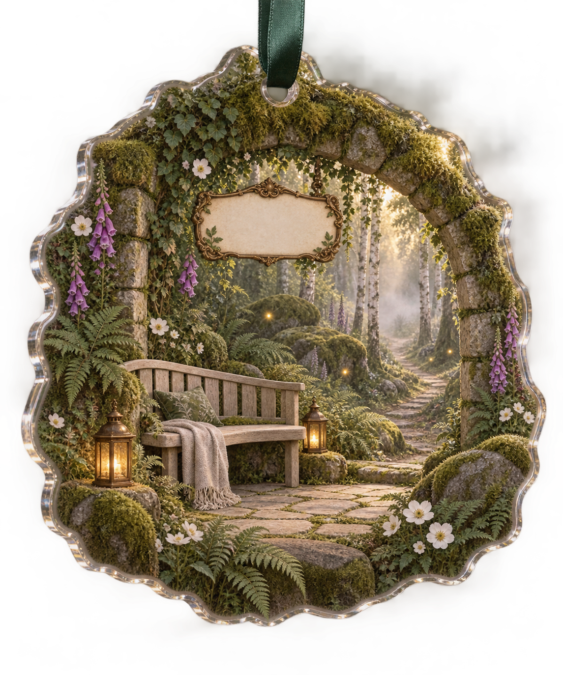 One christmas ornament with a secluded woodland resting alcove framed by a mossy stone arch, a pale-oak bench with a folded linen throw, a winding path between birch trees, layered ferns, mossy boulders, white anemones, violet foxgloves, two brass lanterns, golden light and a blank parchment name plaque.