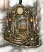 One christmas ornament with a grand enchanted woodland path framed by an ornate mossy stone arch and sculptural roots, a glass garden pavilion displaying an antique brass compass and faceted amber keepsake beneath a cloche, birch trees, ferns, anemones, foxgloves, lanterns and a blank parchment medallion.