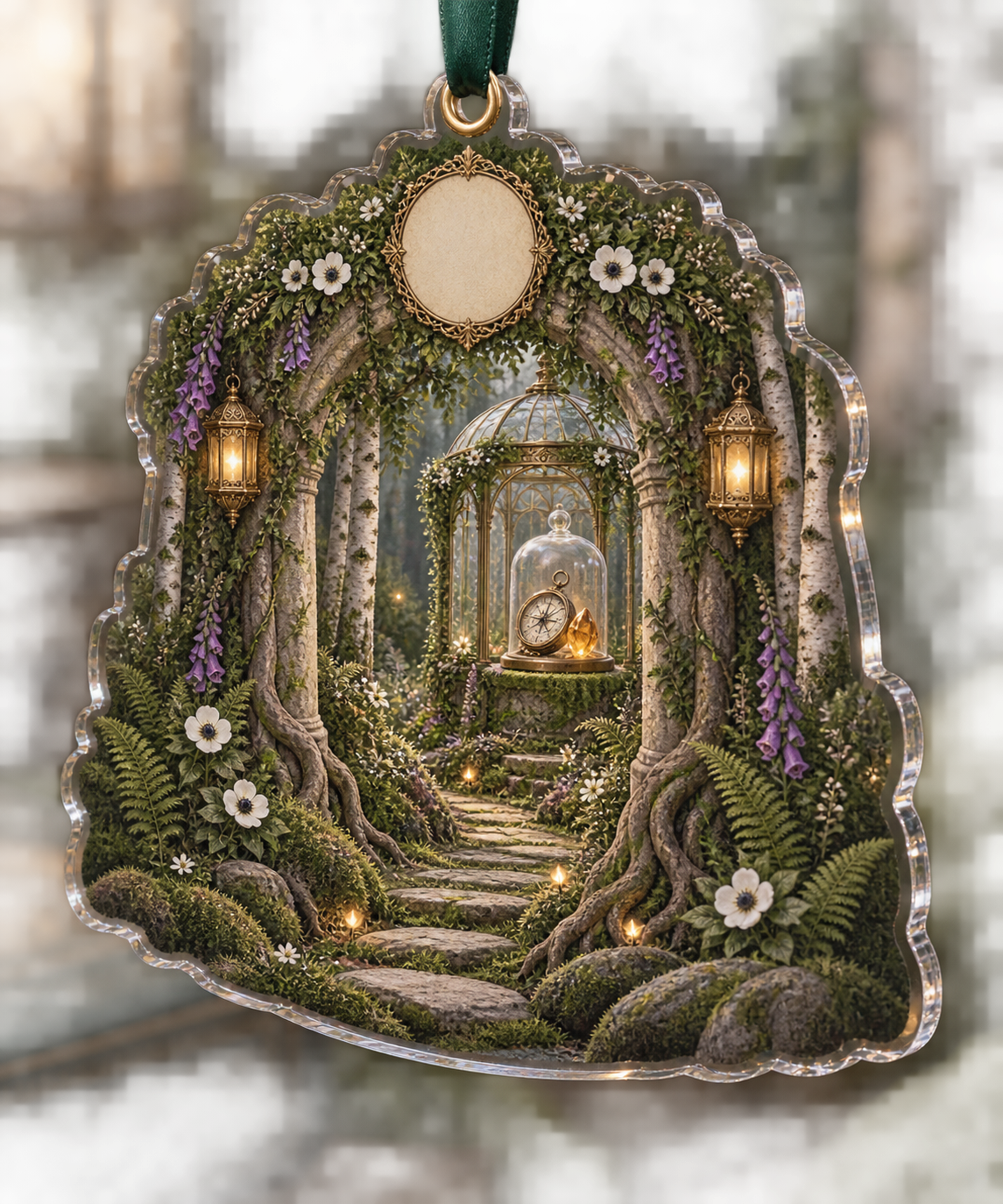 One christmas ornament with a grand enchanted woodland path framed by an ornate mossy stone arch and sculptural roots, a glass garden pavilion displaying an antique brass compass and faceted amber keepsake beneath a cloche, birch trees, ferns, anemones, foxgloves, lanterns and a blank parchment medallion.
