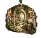 One christmas ornament with a winding sunlit forest path through a mossy stone gallery arcade, curated antique-gold botanical frames, pressed-flower shadow boxes, birch trees, ferns, anemones, foxgloves, a slim pale-oak console, brass picture lights and a blank parchment name plaque.