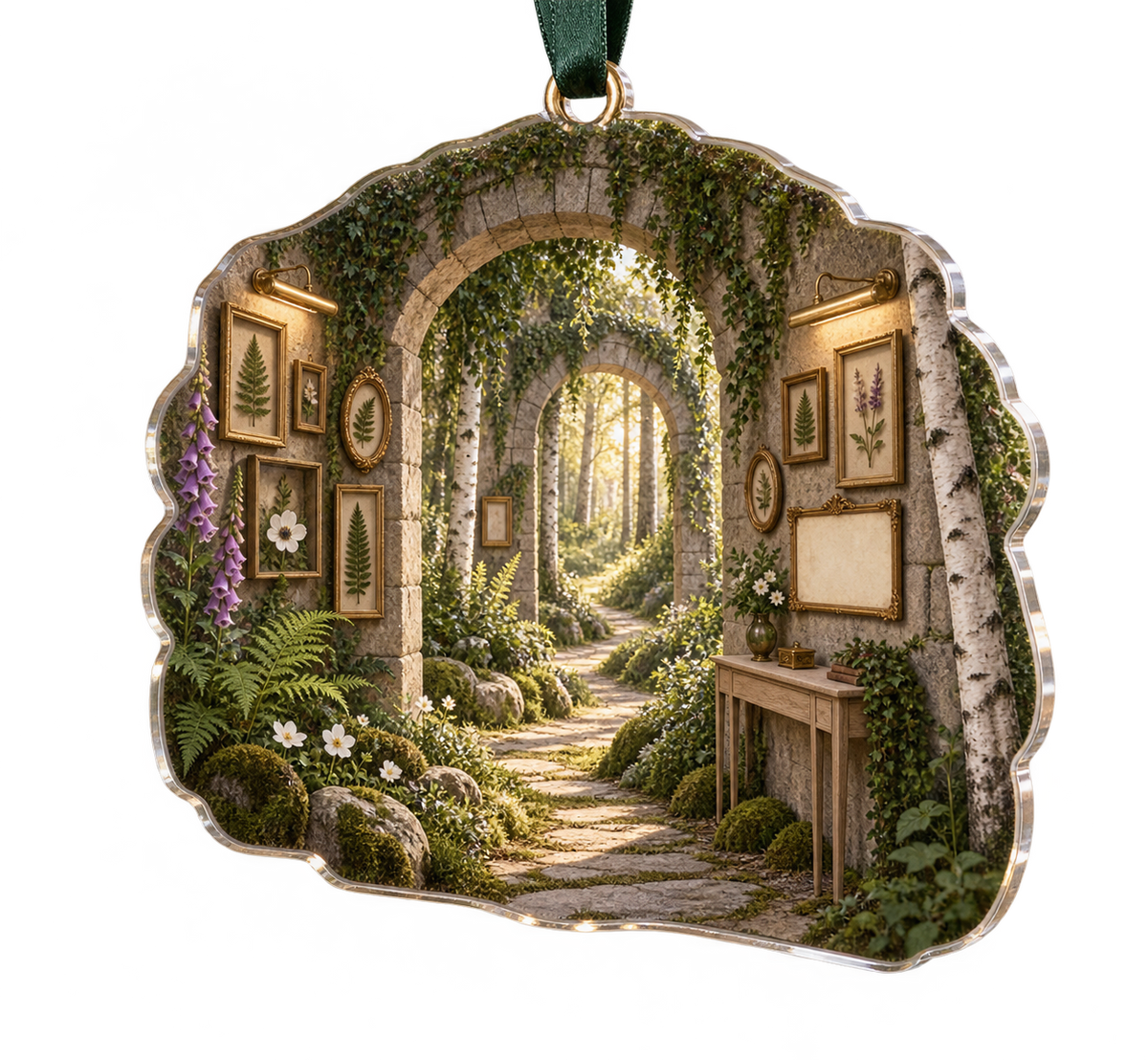 One christmas ornament with a winding sunlit forest path through a mossy stone gallery arcade, curated antique-gold botanical frames, pressed-flower shadow boxes, birch trees, ferns, anemones, foxgloves, a slim pale-oak console, brass picture lights and a blank parchment name plaque.
