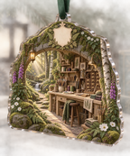 One christmas ornament with a creative woodland studio pavilion built into a mossy stone arch beside a winding forest path, a pale-oak workbench, organized paintbrushes, thread spools, carving tools, folded fabric, specimen drawers, birch trees, ferns, anemones, foxgloves, brass task lamps and a blank parchment crest.