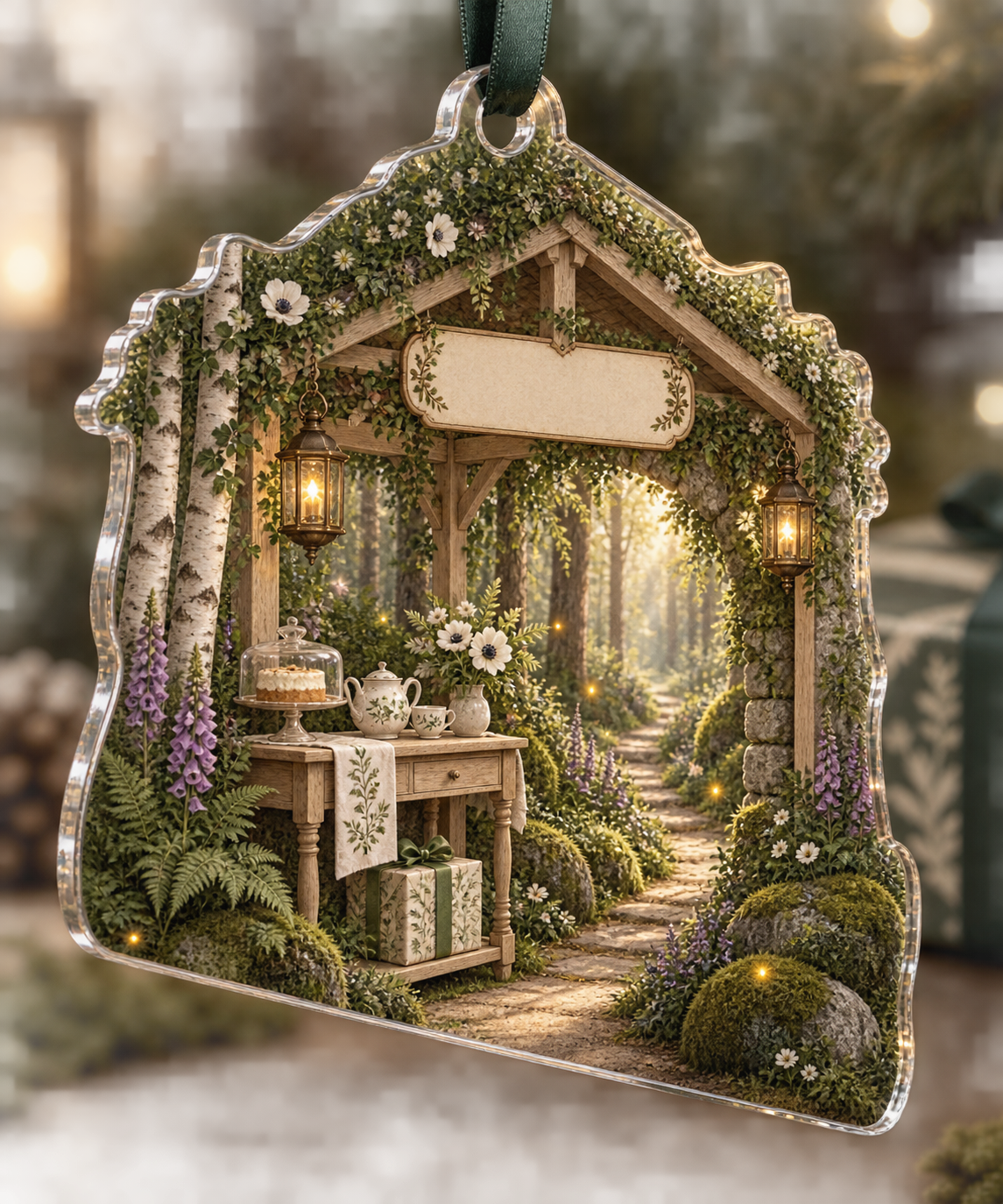 One christmas ornament with a gracious woodland welcome pavilion beside a winding sunlit path, a mossy stone arch, birch trees, pale-oak console, covered cake stand, ceramic teapot and cups, white anemones, botanical gift box, ferns, foxgloves, brass lanterns and a blank parchment name plaque.