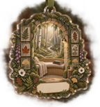 One christmas ornament with a cozy woodland reading alcove, mossy stone arch, pale-oak window seat, closed blank-cover books, birch trees, winding path, pressed fern, maple, oak and ginkgo leaf panels, white anemones, violet foxgloves, brass reading lamp, amber fireflies and a blank parchment name plaque.