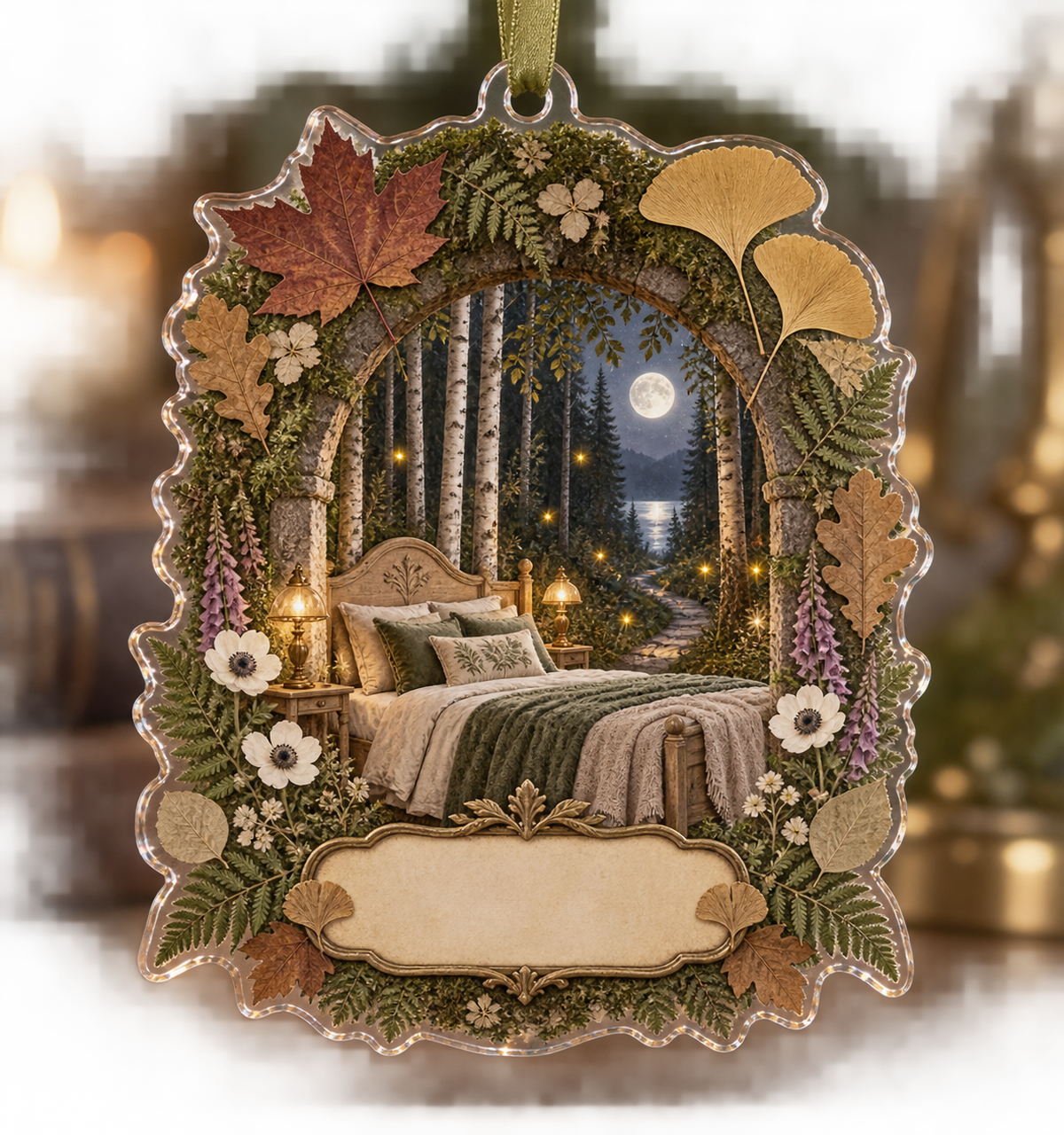 One christmas ornament with a dramatic moonlit woodland bedroom, mossy stone arch, birch trunks, forest path, pressed fern, maple, oak and ginkgo leaves, white anemones, violet foxgloves, antique brass lamps, amber fireflies and a blank parchment name plaque.