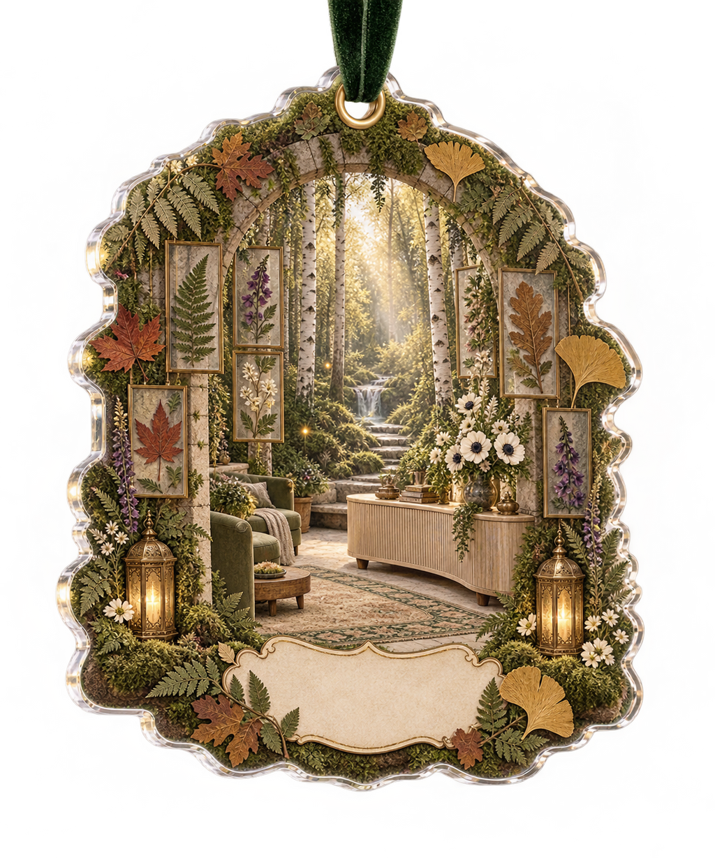 One christmas ornament with a grand enchanted living room, mossy stone arch, birch trunks, luminous forest path, pressed fern, maple, oak and ginkgo leaves, white anemones, violet foxgloves, antique brass lanterns, amber fireflies and a blank parchment name plaque.