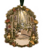 One christmas ornament with a grand enchanted living room, mossy stone arch, birch trunks, luminous forest path, pressed fern, maple, oak and ginkgo leaves, white anemones, violet foxgloves, antique brass lanterns, amber fireflies and a blank parchment name plaque.