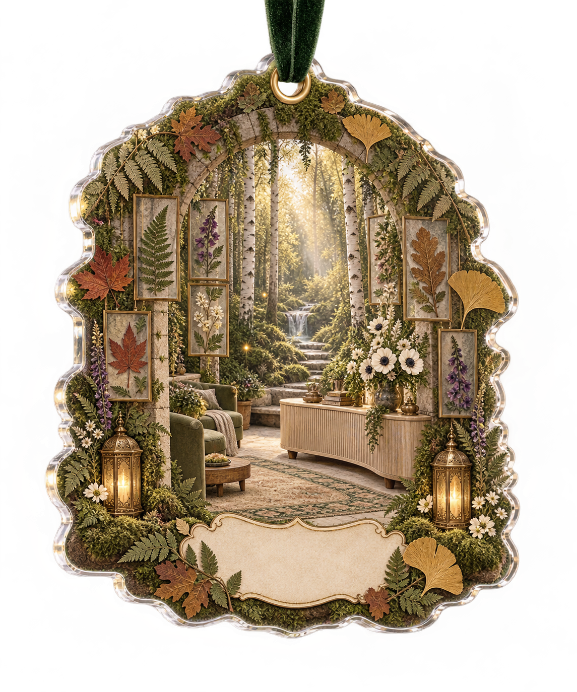 One christmas ornament with a grand enchanted living room, mossy stone arch, birch trunks, luminous forest path, pressed fern, maple, oak and ginkgo leaves, white anemones, violet foxgloves, antique brass lanterns, amber fireflies and a blank parchment name plaque.
