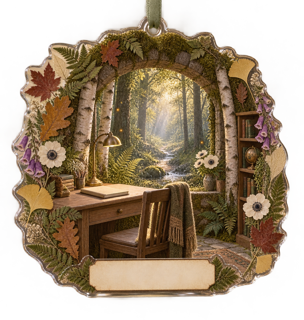One christmas ornament with an elegant woodland home office, mossy stone arch, birch trunks, pale-oak writing desk, brass desk lamp, luminous forest path, pressed fern, maple, oak and ginkgo leaves, white anemones, violet foxgloves and a blank parchment name plaque.