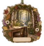 One christmas ornament with an elegant woodland home office, mossy stone arch, birch trunks, pale-oak writing desk, brass desk lamp, luminous forest path, pressed fern, maple, oak and ginkgo leaves, white anemones, violet foxgloves and a blank parchment name plaque.