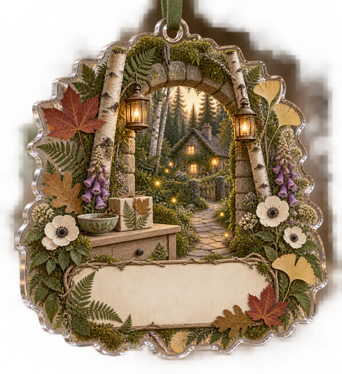 One christmas ornament with a welcoming woodland cottage entry, mossy stone arch, birch trunks, pale-oak console, ceramic key bowl, tied botanical gift box, warm forest path, pressed fern, maple, oak and ginkgo leaves, brass lanterns and a blank parchment name plaque.