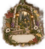 One christmas ornament with a welcoming woodland cottage entry, mossy stone arch, birch trunks, pale-oak console, ceramic key bowl, tied botanical gift box, warm forest path, pressed fern, maple, oak and ginkgo leaves, brass lanterns and a blank parchment name plaque.