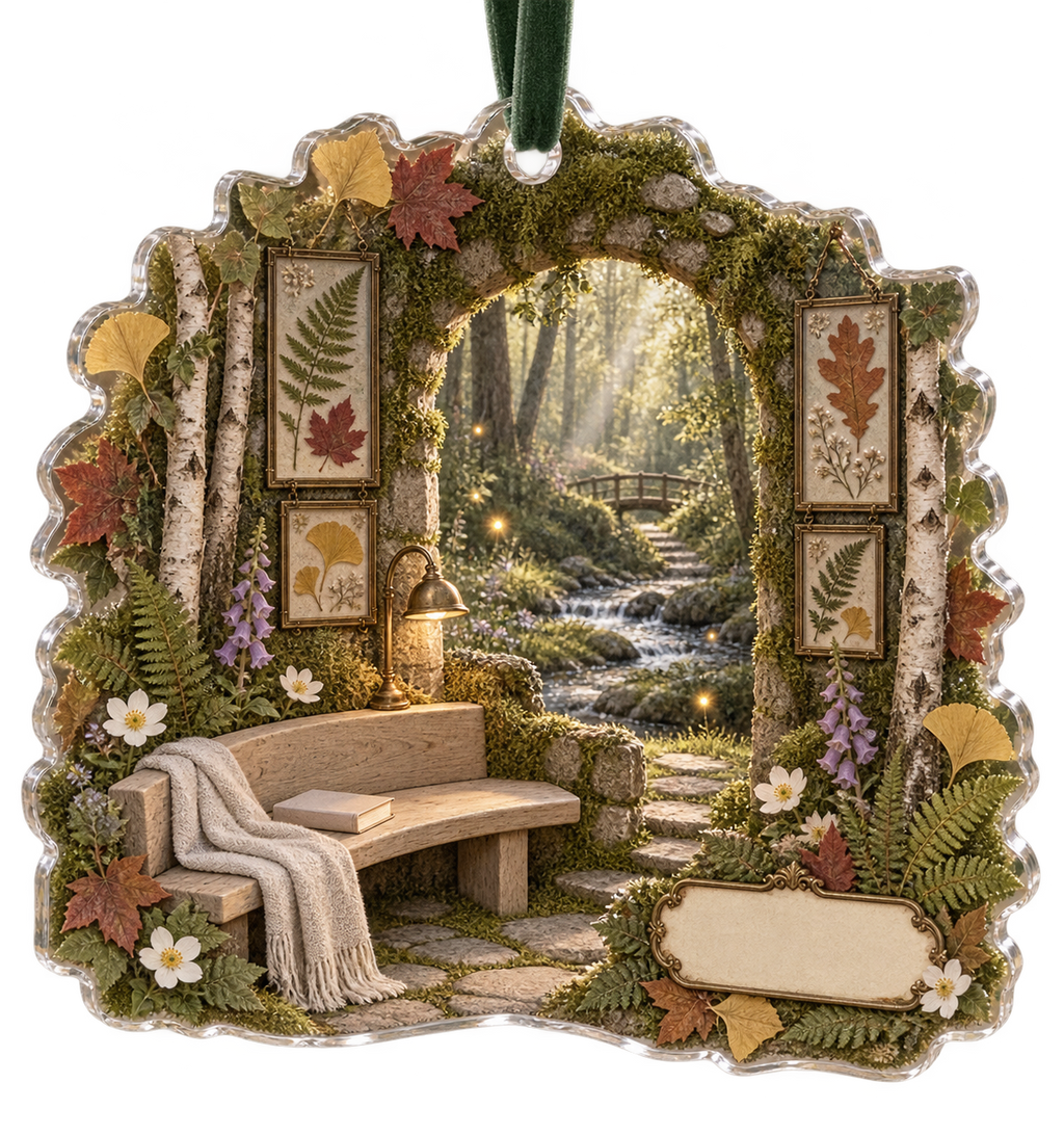 One christmas ornament with a serene woodland retreat, mossy stone arch, birch trunks, curved pale-oak bench, folded linen throw, closed blank-cover book, gentle forest stream, pressed fern, maple, oak and ginkgo leaves, brass reading lamp and a blank parchment name plaque.