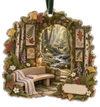 One christmas ornament with a serene woodland retreat, mossy stone arch, birch trunks, curved pale-oak bench, folded linen throw, closed blank-cover book, gentle forest stream, pressed fern, maple, oak and ginkgo leaves, brass reading lamp and a blank parchment name plaque.