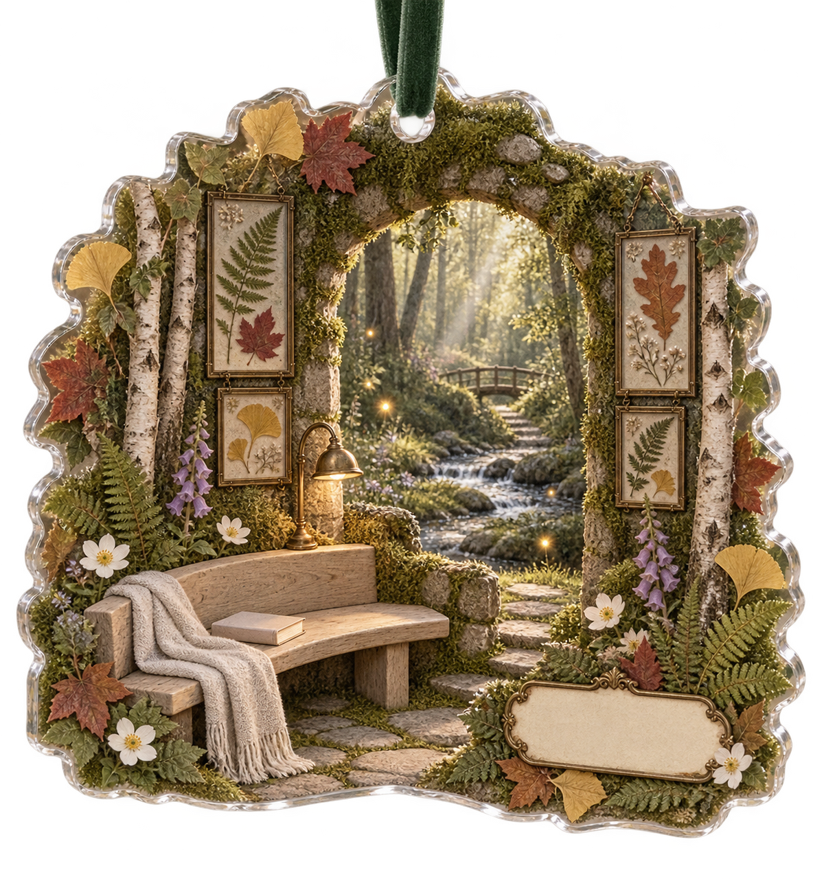 One christmas ornament with a serene woodland retreat, mossy stone arch, birch trunks, curved pale-oak bench, folded linen throw, closed blank-cover book, gentle forest stream, pressed fern, maple, oak and ginkgo leaves, brass reading lamp and a blank parchment name plaque.