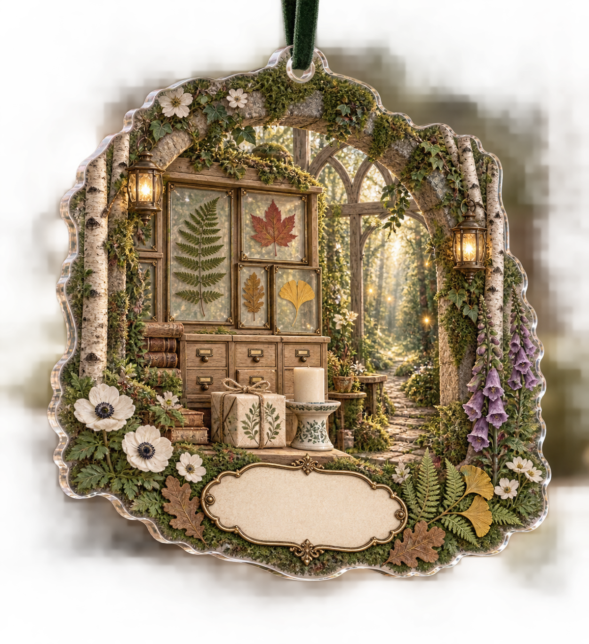 One christmas ornament with a celebratory woodland conservatory, mossy stone arch, birch trunks, pale-oak specimen cabinet, wrapped botanical gift, unlit candle, glowing forest path, rare pressed fern, maple, oak and ginkgo leaves, brass lanterns and a blank parchment name plaque.