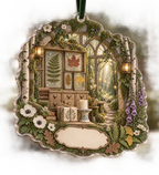 One christmas ornament with a celebratory woodland conservatory, mossy stone arch, birch trunks, pale-oak specimen cabinet, wrapped botanical gift, unlit candle, glowing forest path, rare pressed fern, maple, oak and ginkgo leaves, brass lanterns and a blank parchment name plaque.