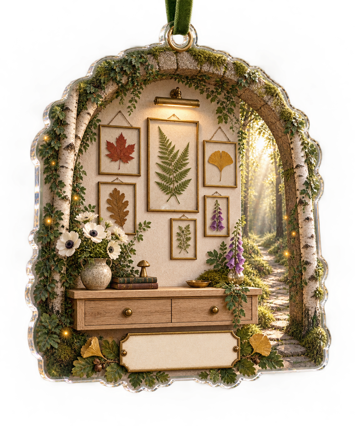 One christmas ornament with a sophisticated compact apartment gallery, slim mossy stone arch, pale birch trunks, floating pale-oak shelf, luminous forest path, curated pressed fern, maple, oak and ginkgo leaves, brass picture lamp and a blank parchment name plaque.
