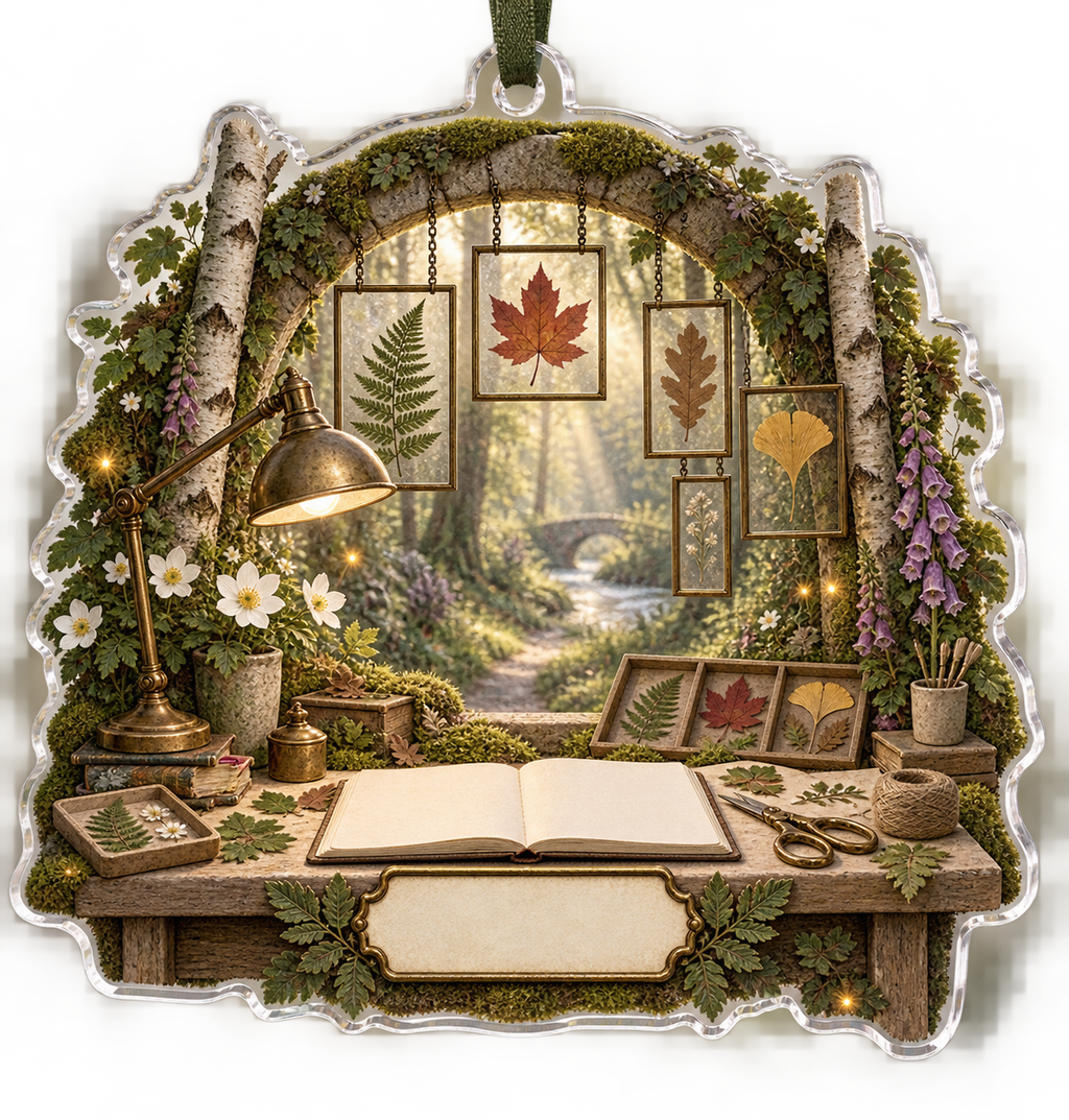 One christmas ornament with a creative botanical hobby studio, mossy stone arch, pale-oak workbench, specimen trays, luminous forest path, layered pressed fern, maple, oak and ginkgo leaves, antique brass task lamp and a blank parchment name plaque.