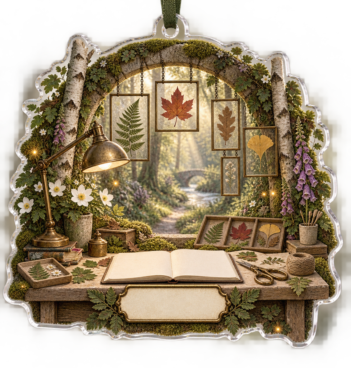 One christmas ornament with a creative botanical hobby studio, mossy stone arch, pale-oak workbench, specimen trays, luminous forest path, layered pressed fern, maple, oak and ginkgo leaves, antique brass task lamp and a blank parchment name plaque.
