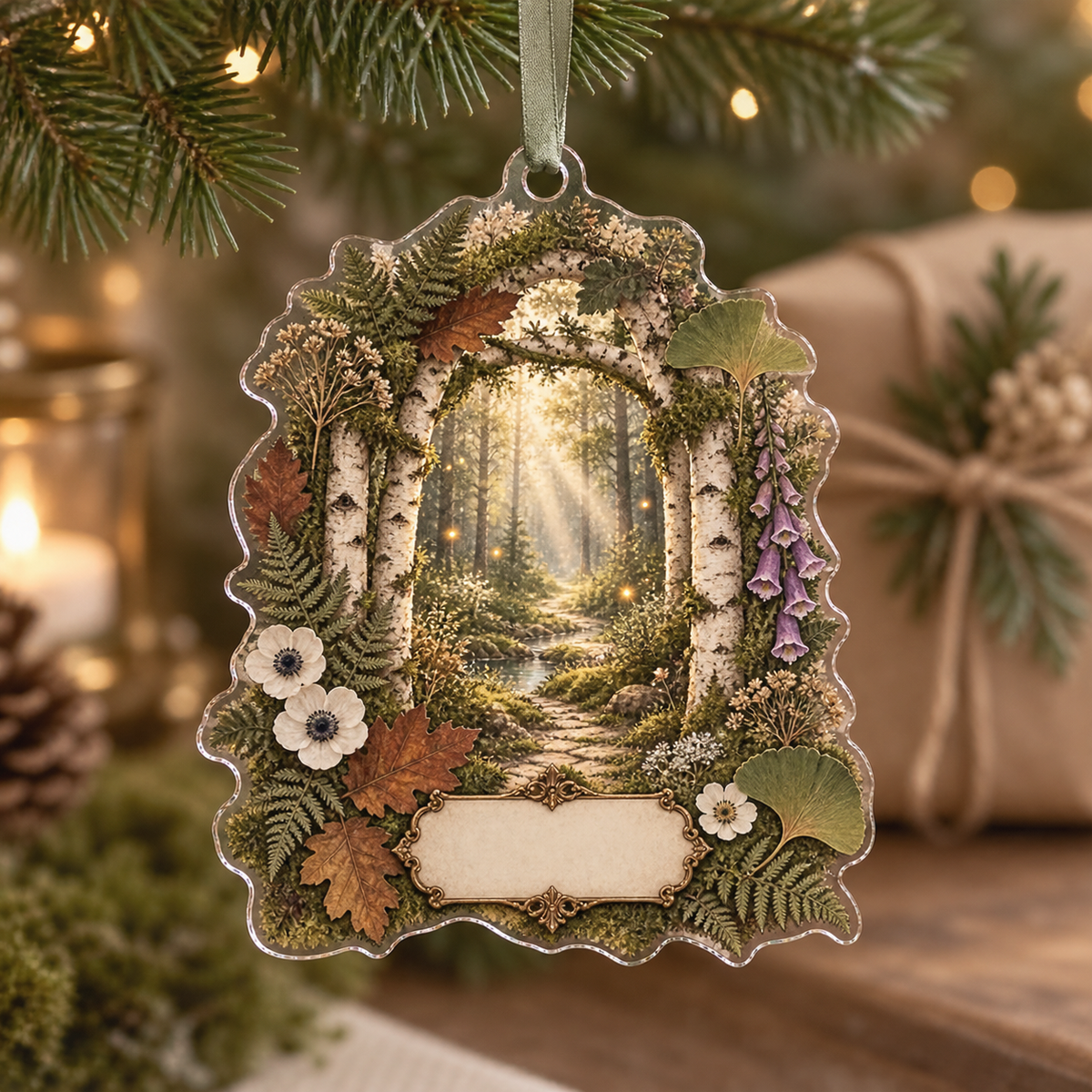 One christmas ornament with a gracious woodland welcome, mossy stone arch, pale birch trunks, luminous forest path, pressed fern, maple, oak and ginkgo leaves, antique botanical glass panels and a blank parchment name plaque.