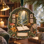 One christmas ornament with a mossy stone reading alcove, luminous forest path, blank field journal, botanical specimen frames, chanterelle, fly agaric, morel and oyster mushrooms, fern, oak leaves, amber lanterns and a blank parchment name plaque.