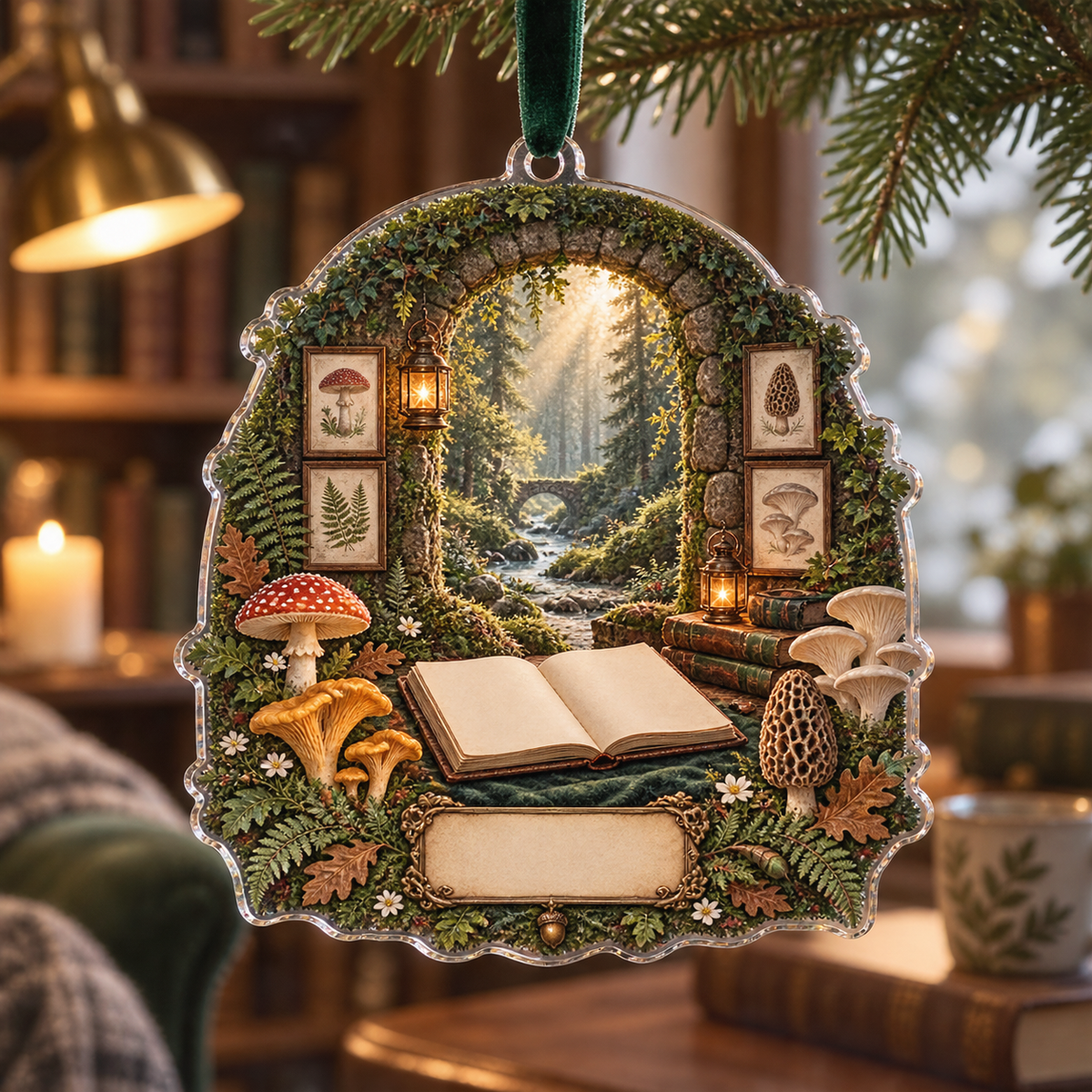 One christmas ornament with a mossy stone reading alcove, luminous forest path, blank field journal, botanical specimen frames, chanterelle, fly agaric, morel and oyster mushrooms, fern, oak leaves, amber lanterns and a blank parchment name plaque.