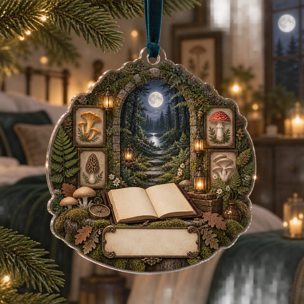 One christmas ornament with a grand moss-covered stone arch, moonlit woodland path, blank field journal, botanical specimen frames, chanterelle, fly agaric, morel and oyster mushrooms, amber lanterns and a blank parchment name plaque.